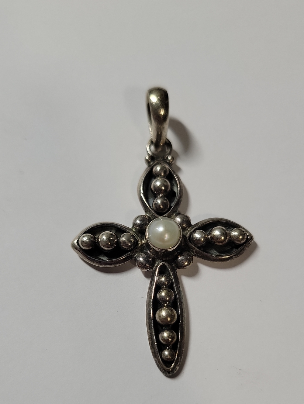 Sterling Silver Cross Pendant with Pearl Accent - Silver